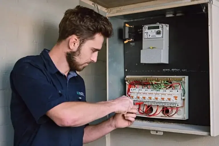 Electrician adjusting circuit breakers in a meter box